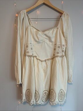 American Eagle Outfitters Cream Boho Embroidered Long Sleeve Mini Dress